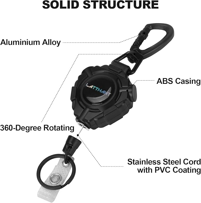 LATTHANT Badge Holder Retractable Clip, Heavy Duty Retractable Keychain with 31.5 in Smooth Steel Cord, Durable 360-degree Rotating Carabiner Badge Holder for Work, Fishing, Car Key, 9 oz