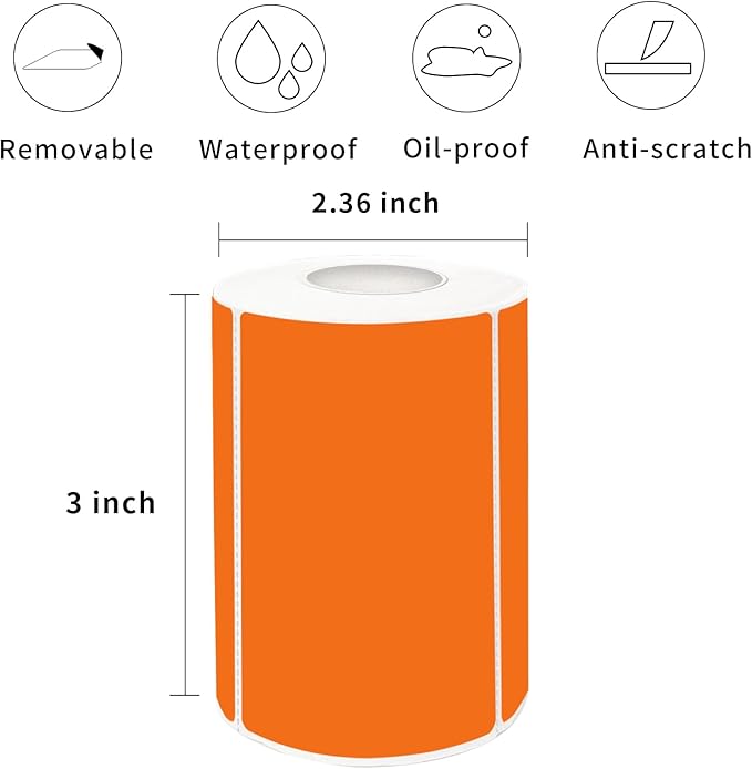 2×3 Inch Orange Removable Thermal Labels,Writeable,Removable,Thermally Printable,300 Sheets per Roll with Perforated Lines