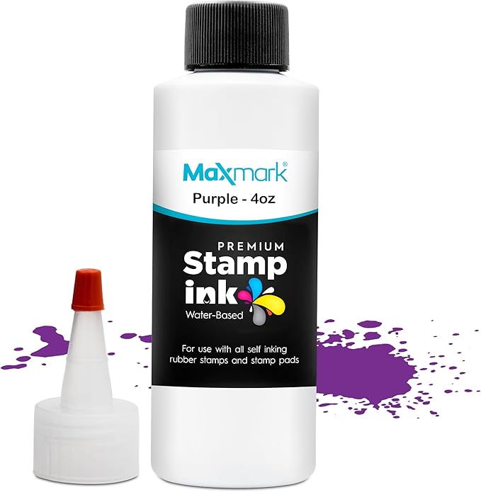 MaxMark Premium Refill Ink with Control Tip Bottle for Self-Inking Stamps, Purple Color - 4 oz.