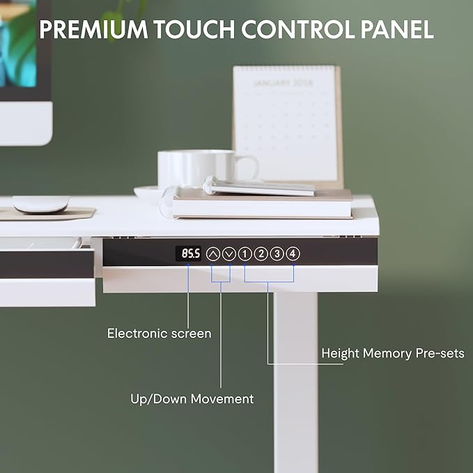 FLEXISPOT One-Piece 48" Standing Desk with Acrylic-Front Drawer, Fast-Assembly Ergonomic Sit-to-Stand Desk with MDF Top, 4 Height Memory Presets Touch-Control, Home Office Computer Workstation, White