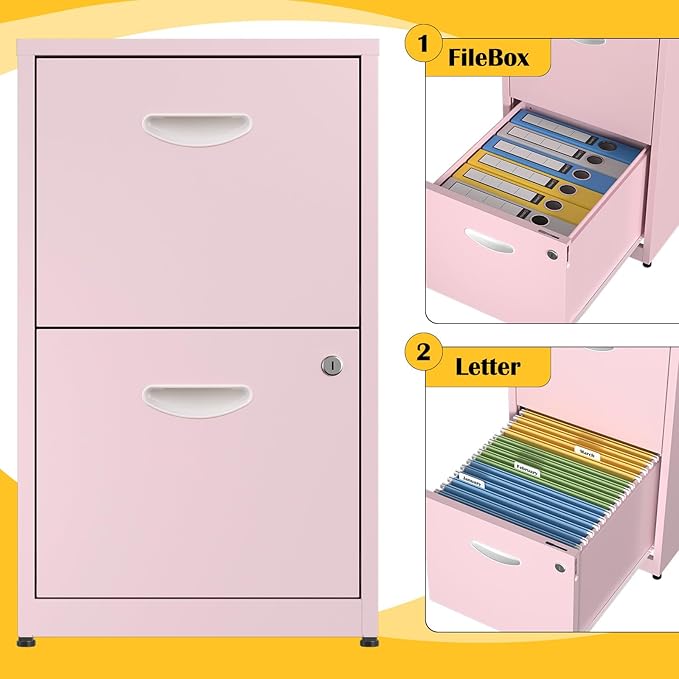 SteeLoong 2 Drawer File Cabinet with Lock,Pink Metal Office Drawers Filing Cabinets for Home Office, Two Drawer Under Desk File Cabinet for Hanging Letter,Easy Assemble | with Lock, Office Drawers, Filing Cabinets, Two Drawer, Under Desk, for Hanging L...