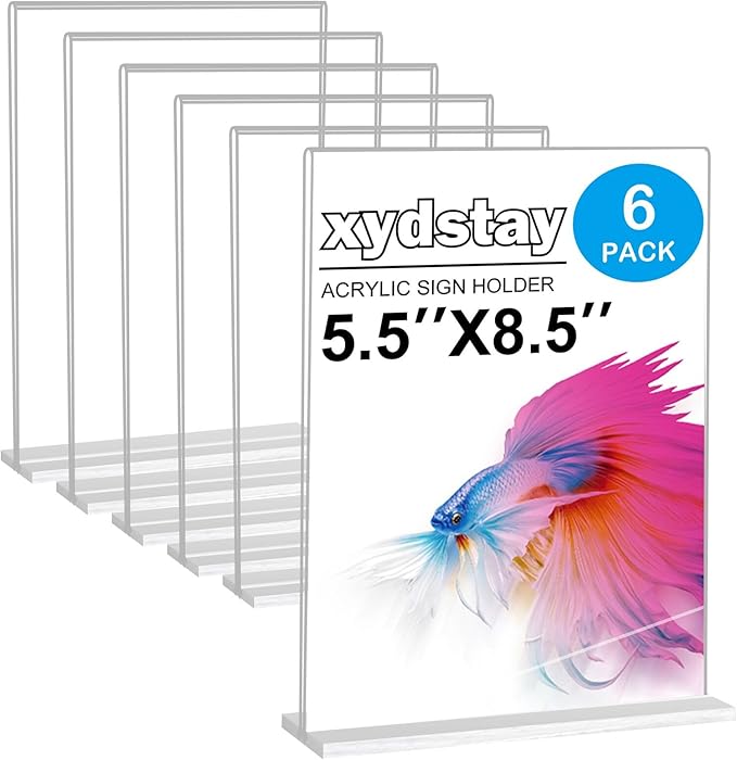 xydstay 6pack Acrylic Sign Holder 5.5 X 8.5, Vertical T Shape Clear Plastic Menu Holder, Unbreakable Table Sign for Restaurant, Office, School, Store and Home Use
