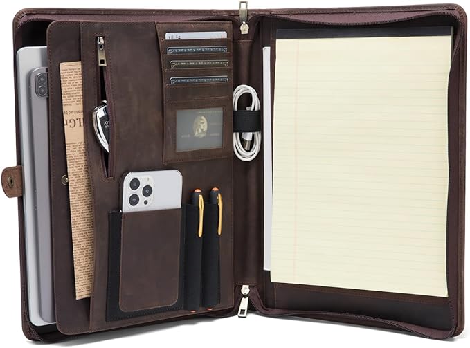 Geslun Genuine Leather Portfolio, Legal Size 8.5 x 14 Pad Holder, Business Padfolio for Men and Women, Zippered 14" Laptop Organizer, Executive Professional Work Travel Notepad Folio, Dark Khaki