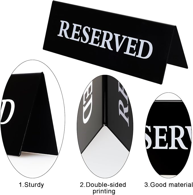 6 Pieces Plastic Reserved Table Sign for Wedding Acrylic Double Side Table Tent Black Guest Reservation Tables Seat Sign 7.9 x 2.7 Inches Reserve Seating Signs for Restaurant Chairs Wedding