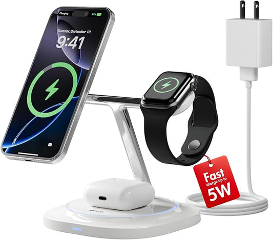3 in 1 Magnetic Wireless Charger for Apple - Fast Charging Station Compatible with MagSafe for iPhone17-12, Apple Watch& AirPods, Phone and Watch Charger Stand for Desktop Bedside Nightstand (Ivory)