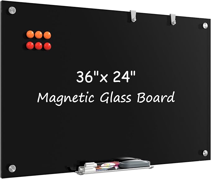 MaxGear Glass Whiteboard, Tempered Magnetic Dry Erase Board Black, Frameless Wall Mounted, Office Classroom Conference Room Home Use, Includes Markers, Eraser, Magnets & Mounting Kit
