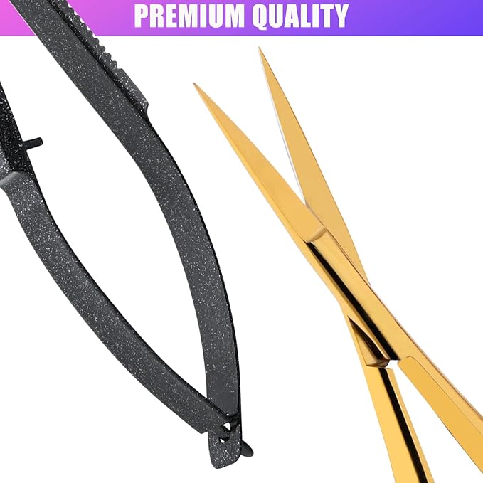 Cross Edge Spring Scissors 5 Inch straight Stainless-Steel Precision Eyebrow & Eyelash Shaping Trimming Scissor, Best for Squeeze Scissors, Embroidery & Knitting Micro Tip Craft (Gold Glitter Black)