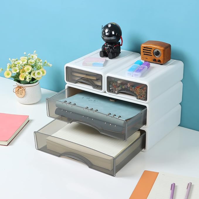 OSteed White Desktop Drawers for Paper, Stackable Office Storage Drawers for Desk, Craft Organizer and Storage Bins, 4 Mixed Storage Container with Plastic Drawers for Office Supplies Desk accessories