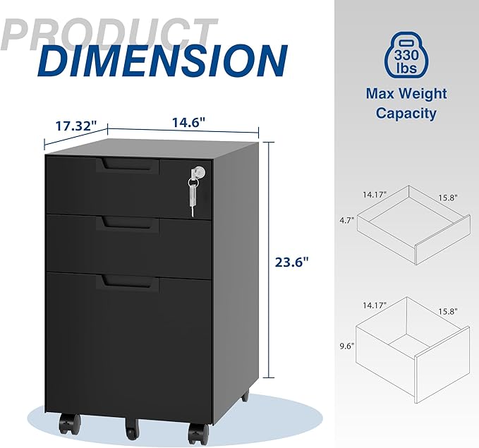 Fesbos 3 Drawer Vertical File Cabinet, Mobile Filling Cabinets with Lock for Legal/Letter Size, Pre-Built Office Storage File Cabinet with Wheels Under Desk - Fully Assembled