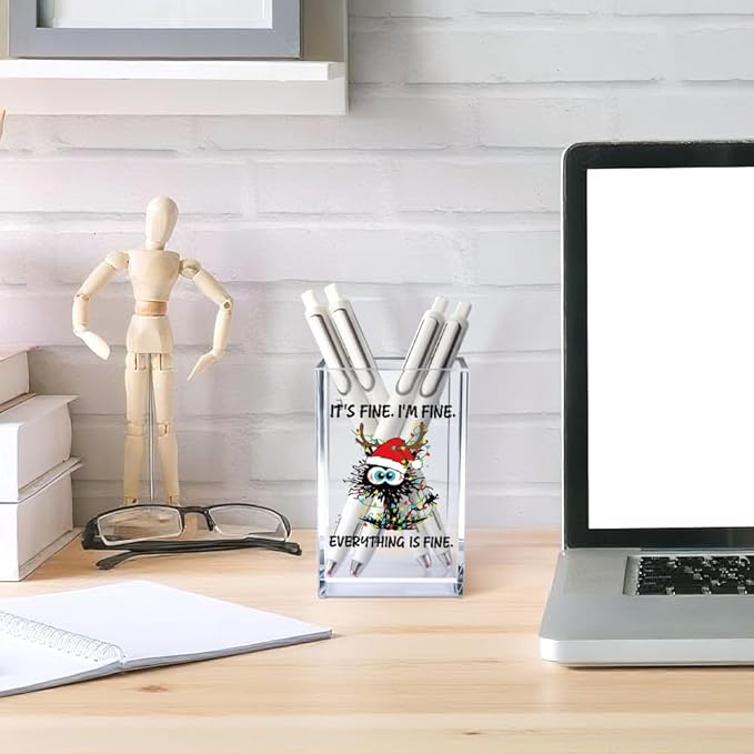Vgrti It's Fine I'm Fine Acrylic Cosmetic Pencil Pen Holder Cup, Funny Black Cat Pen Holder Cup, Cute Christmas Gifts for Women Men, Office Sarcastic Gifts for Women Men Colleague Boss