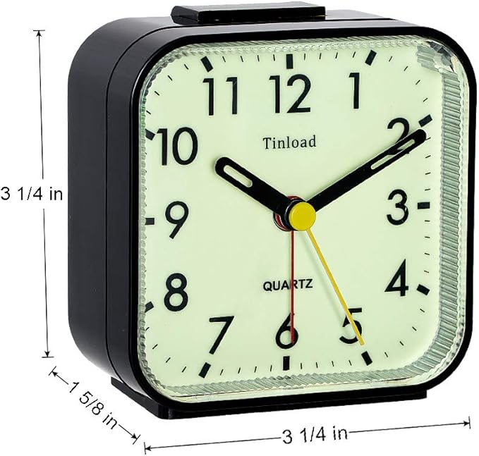Tinload Small Battery Operated Analog Travel Alarm Clock Silent Non Ticking,Gentle Wake, Ascending Beep Sounds, Snooze,Lighted on Demand, Glow in Dark dial,Easy Set