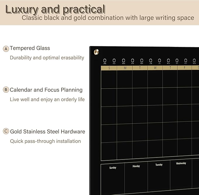 Black Glass 3-1 Monthly Dry Erase Calendar Whiteboard for Wall,24"x 36",Frameless Mounting,Office/School/Home, Frameless Large Planner White Board