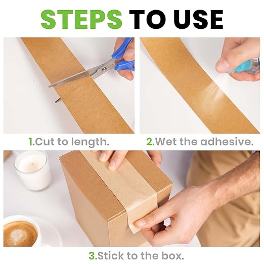 ADHES Water Activated Tape 2" x 55yds, 3 Rolls, Reinforced Kraft Gummed Paper Tape, Eco-Friendly, Strong Adhesive Shipping Tape for Packing, Shipping, Moving