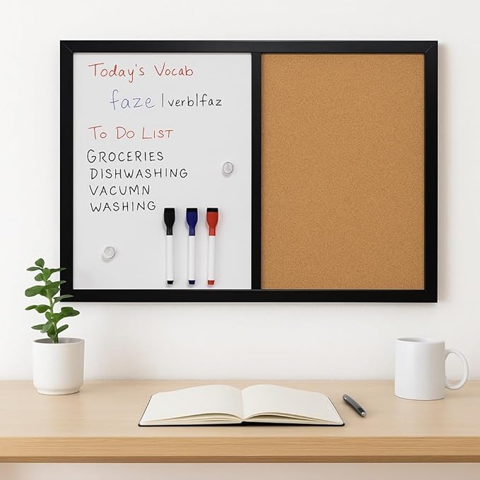36x24 Wall-Mount Combo Board - Magnetic Dry Erase & Corkboard with Sleek Black Frame for Home & Office (24x36)