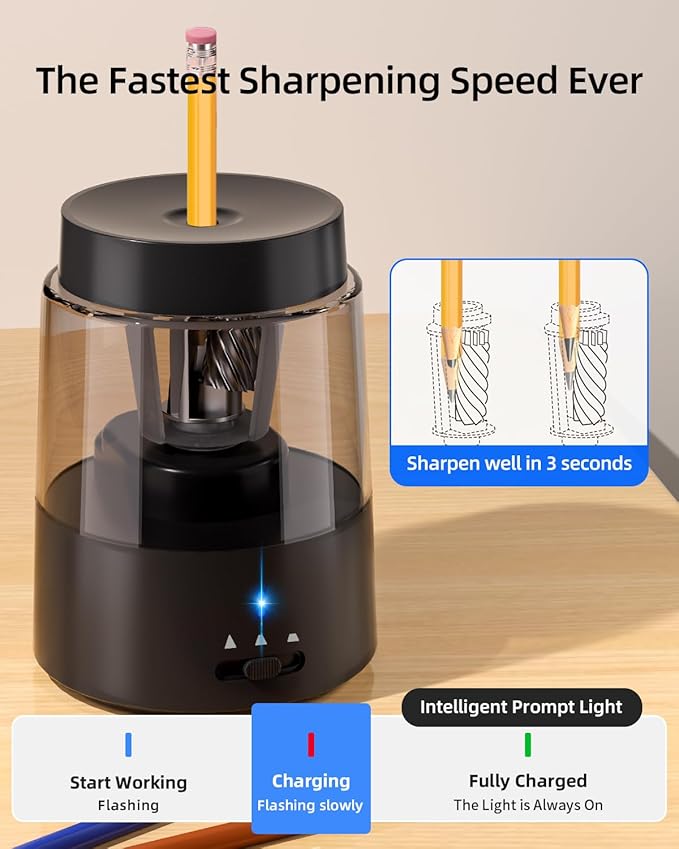 ZMOL Electric Pencil Sharpener, Automatic Pencil Sharpeners Kids, Battery Rechargeable Pencil Sharpeners for Colored Pencils, Auto Stop, Suitable for No.2(6-8mm), School/Home