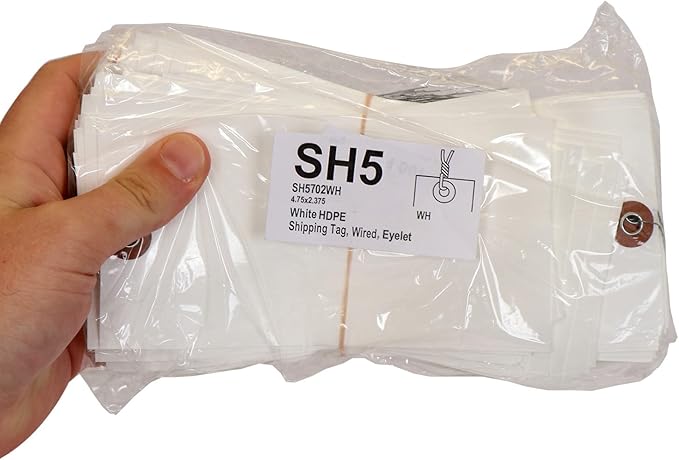 SmartSign (Pack of 100) Blank White Shipping Tags with Wires, 4.75 x 2.375 inch (Size-5), Metal Eyelet, 7.5 mil HDPE Plastic, Writable, Made in USA