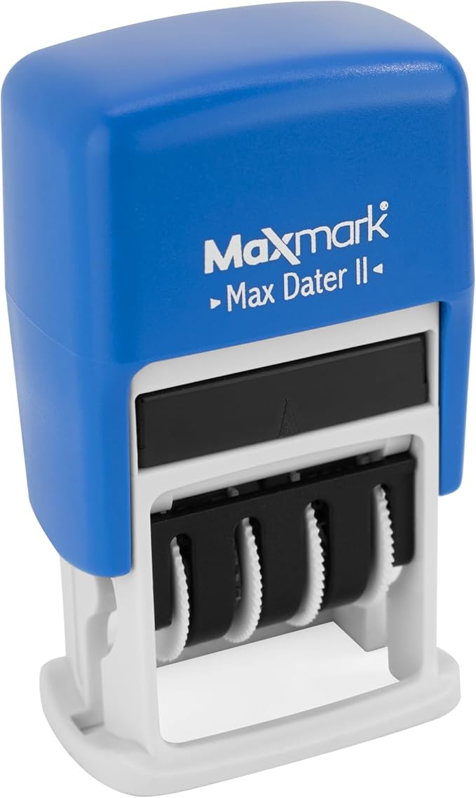MaxMark Self-Inking Rubber Date Office Stamp with Entered Phrase & Date - Blue Ink (Max Dater II), 12-Year Band