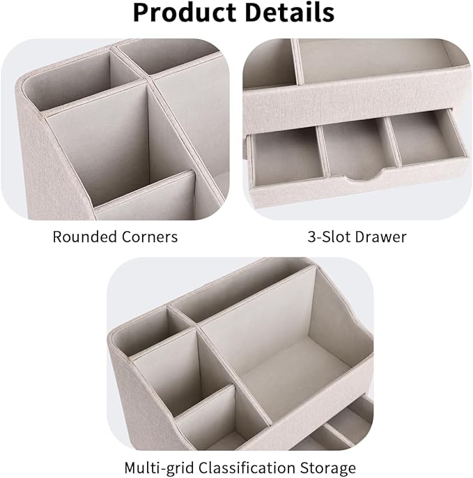 KINGFOM PU Leather Desk Organizer with Drawer, 5 Compartments Desktop Storage Caddy for Office & Home Supplies, Pen Holder for Remote Control, Phone & Accessories, Mail Organizer Countertop(Beige)