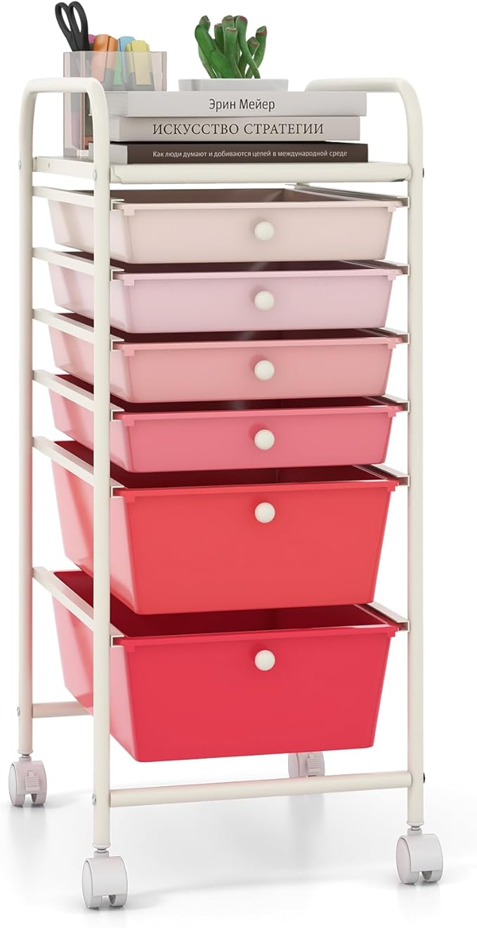 Giantex 6 Storage Drawer Cart Rolling Organizer Cart for Tools Scrapbook Paper Home Office School Multipurpose Mobile Utility Cart (Pink Gradient)