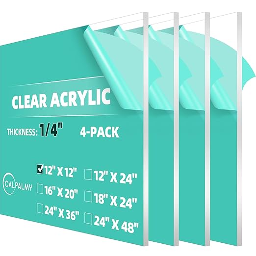 CALPALMY (4-Pack) 12 x 12 Inch Clear Acrylic Sheet Plexiglass 1/4" Thick; Use for Craft Projects, Signs, Display Cases, DIY Projects and More; Cut with Cricut, Engraver, Saw or Hand Tools – No Knives