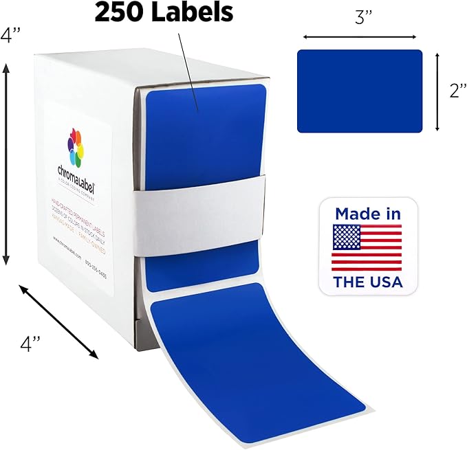 ChromaLabel 2 x 3 inch Permanent Color Code Rectangle Labels, 250 Labels per Dispenser Box, Dark Blue