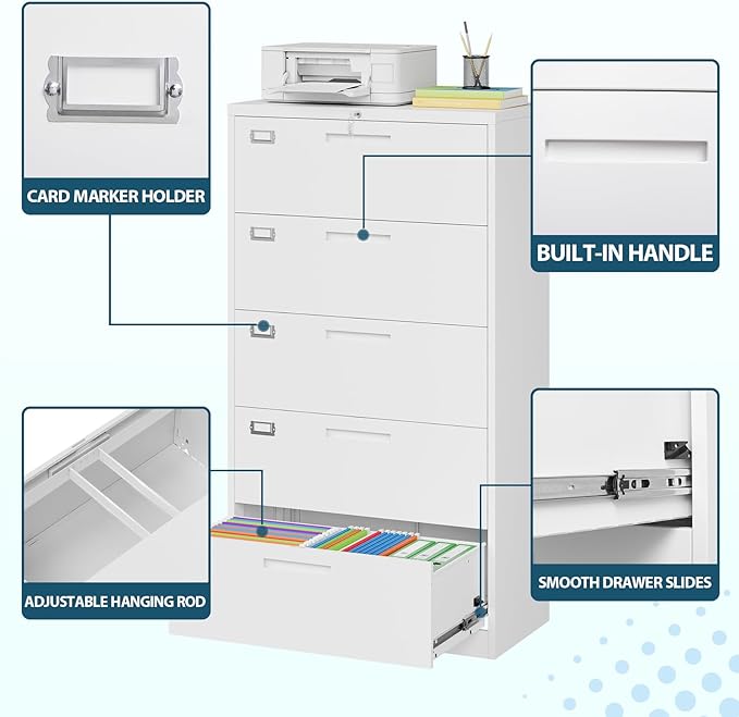 MIIIKO Lateral File Cabinet with Lock, 5 Drawer Metal File Cabinets 35.4" Wide, Home Office Locking Filing Cabinets for Legal Letter File Folders