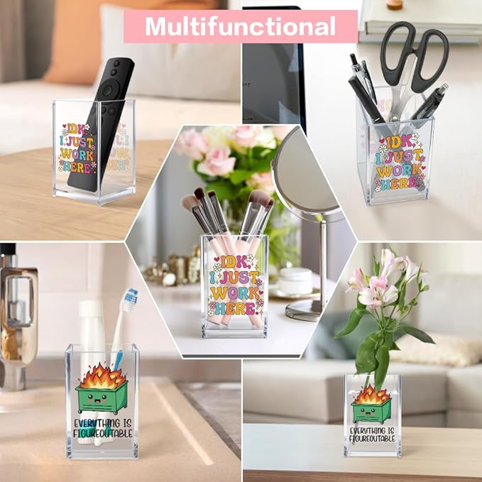 Vgrti Funny Dumpster Fire Work 2 Pack Acrylic Cosmetic Pencil Pen Holder Cup, Cute Office Pen Holder for Desk, Funny Work Burnout Gifts for Coworker Friend, Mental Health Gifts for Women Boss Teacher