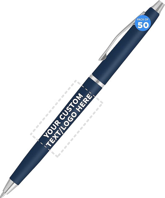 DISCOUNT PROMOS Custom Langham Ballpoint Pens Set of 50, Personalized Bulk Pack - Black Ink, Great for Office, School, Business, Tradeshows - Navy Blue