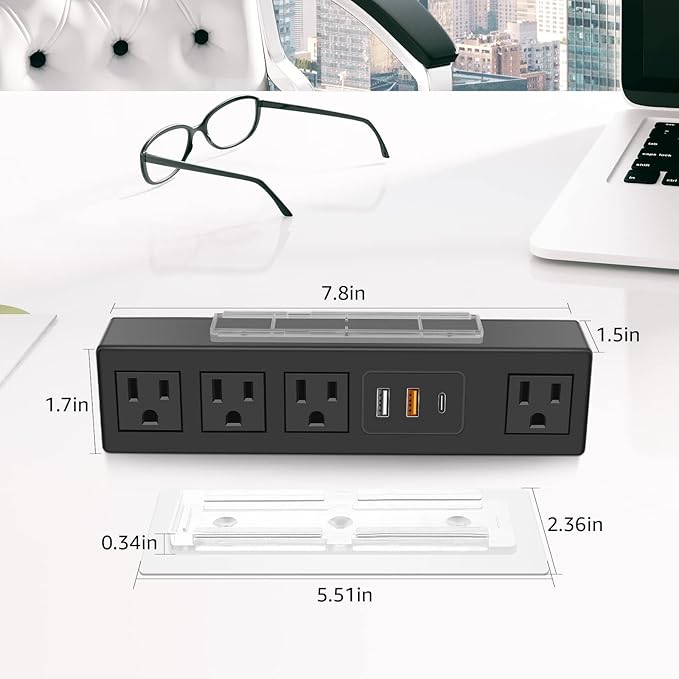 HHSOET 45W Under Desk Power Strip with 3M Adhesive, Removable Under Desktop Mount Plug with Fast Charging USB C and USB A Ports, 4 Outlet Under Table Surge Protector 1200J, 6FT Extension Cord. (Black)