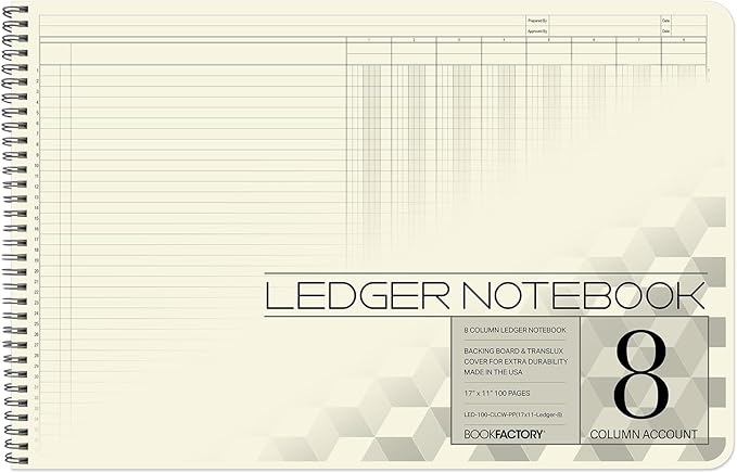 BookFactory Accounting Ledger Notebook/Large 8 Column Accounting Ledger Columnar (Eight Columns) Log Book - 17'' x 11'', 100 Pages, Wire-O Landscape Format (Made in USA)