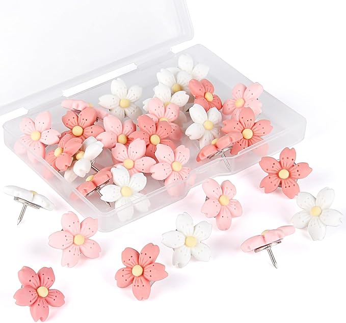 30pcs Decorative Flower Push Pins - Pink Thumb Tacks for Cork Board, Photo Wall, Feature Wall, Map, Bulletin Board, Office or Home
