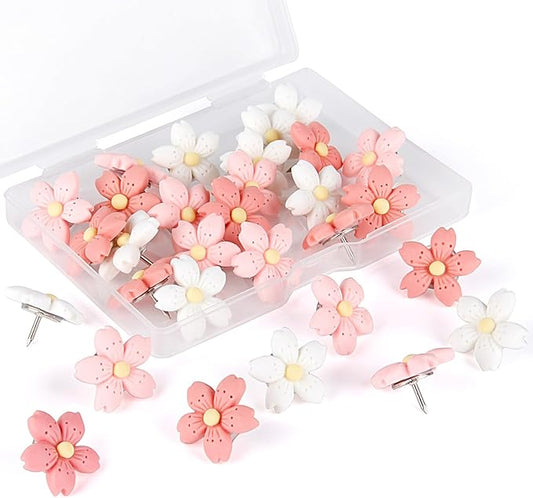 30pcs Decorative Flower Push Pins - Pink Thumb Tacks for Cork Board, Photo Wall, Feature Wall, Map, Bulletin Board, Office or Home