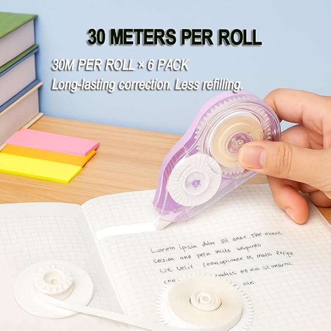 Aipker Correction Tape, Extra-Long 30 m (98 ft) Each – 590 ft Total, Easy-to-Use White Out Tapes Dispensers, High Capacity White Out Correct Tapes for School, Office or Home Use - 6 Pack