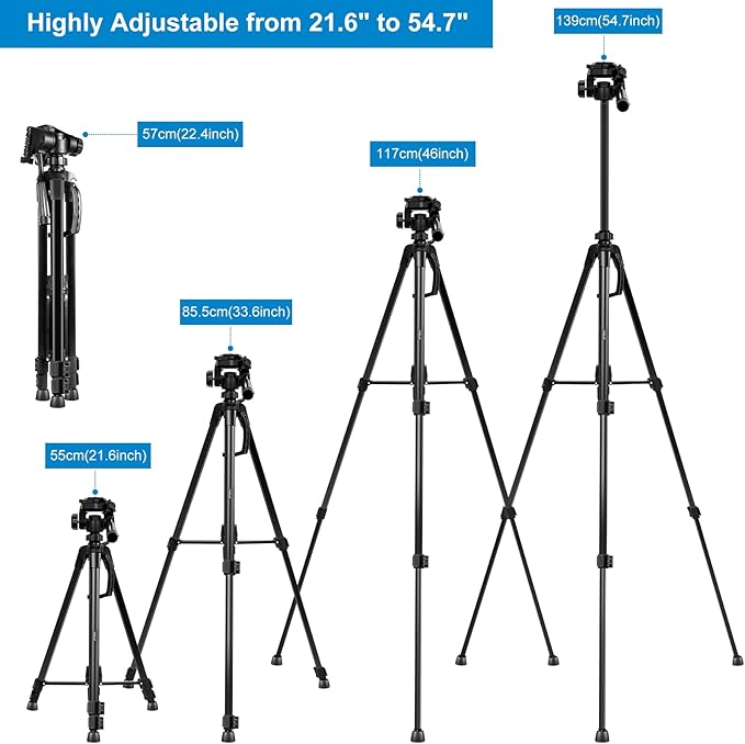 PULUZ Camera Tripod, 55"/139cm Lightweight Portable Travel Outdoor DSLR Tripods for Camera Phone Video Recording Tripod Stand, Cellphone Clip for Smartphone Live Streaming Vlog