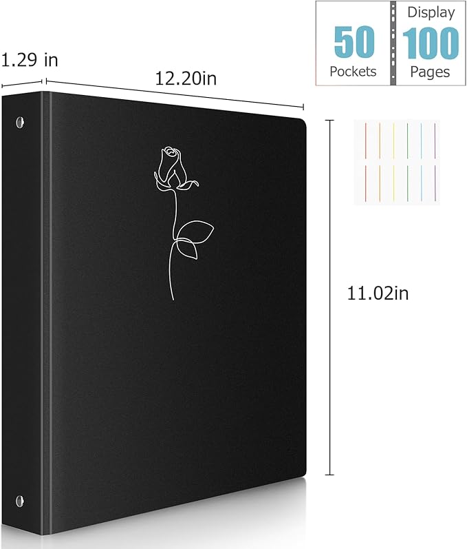 Uquelic 50-Pocket Binder with Plastic Sleeves for Letter/A4 Size(11" x 8.5"), Silver Rose Printed Cover, Document Binder Organizer for Papers, Certificates and Artwork with Macaron PP Divider Pages
