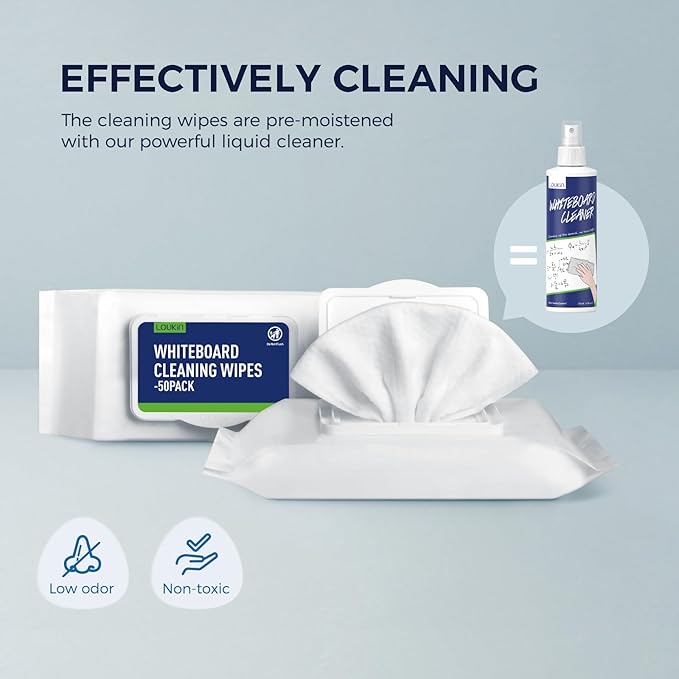 LOUKIN Dry Erase Wipes, Whiteboard Cleaning Wipes, Non-Toxic Cleaning Wipes for Whiteboard, 50 Wipes Per Pack