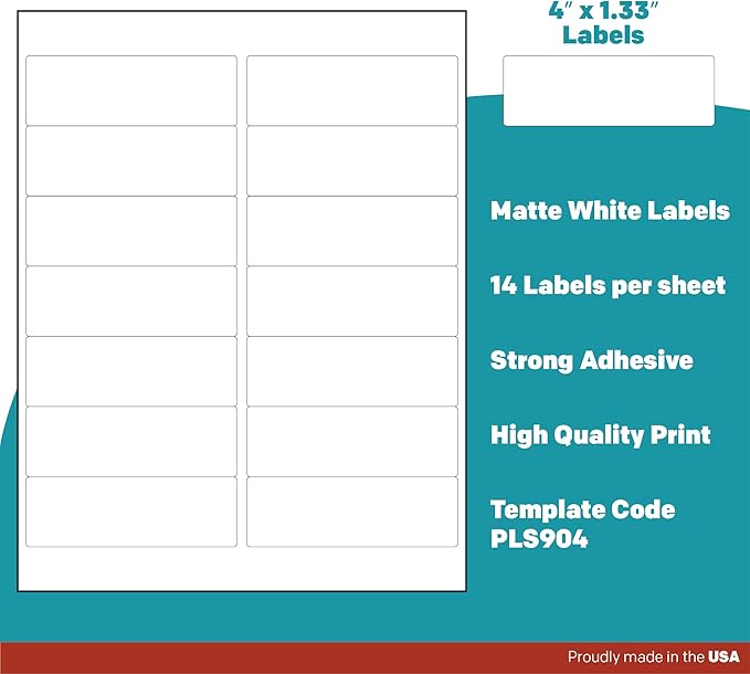 Premium Label Supply White Sticker Mailing Labels – 4" x 1.33" – Laser/Inkjet Compatible – (14 per Sheet), 500 Sheets – 7000 Total Adhesive Labels