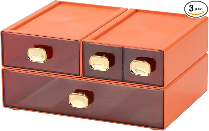 OSteed Spacious Desktop Storage Box, 1 Large 1 Middle & 2 Small Storage Drawers, Stackable Office Desk Drawer Organizer and Accessories, Printer Paper Organizer, Orange Plastic Drawers for Workspace