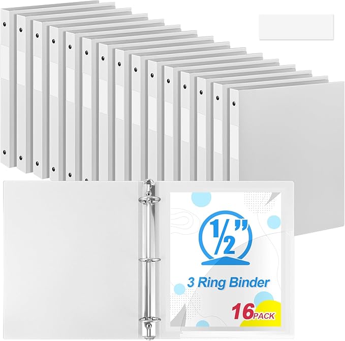 Henoyso 16 Pcs 3 Ring Binder 0.5 Inch Round Fits Letter Size 8.5'' x 11'' Paper Plastic Flexible Binder Bulk Holds 140 Sheets with 1 Pockets Versatile Organizer for Home Office School (White)