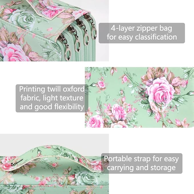 Vomgomfom Colored Pencil Case - 200 Slots Pencil Holder with Zipper Closure Twill Fabric Large Capacity Pencil Case for Watercolor Pens or Markers, Pencil Case Organizer for Artist or Student (Green Rose)