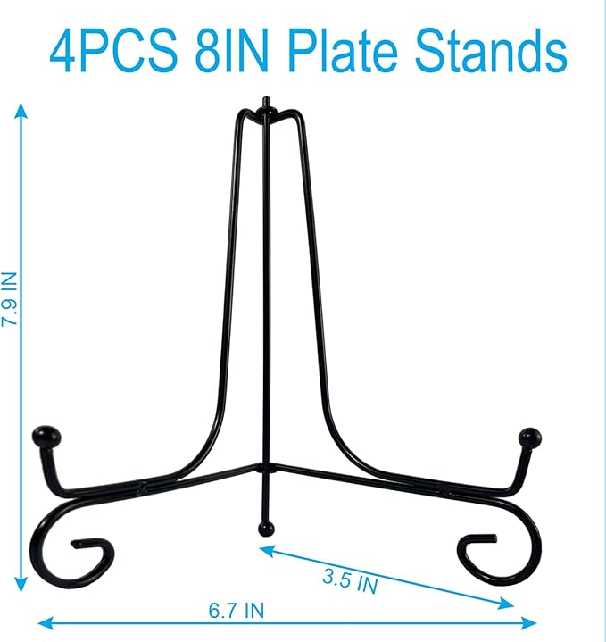 HENABLE 4PCS Premium Black Iron Plate Stands for Display, 8 Inch, Decorative Solid Metal Plate Holders for Displaying, Mini Easel, Frame, Book, Card, Plaque, Bowl, Picture Stands