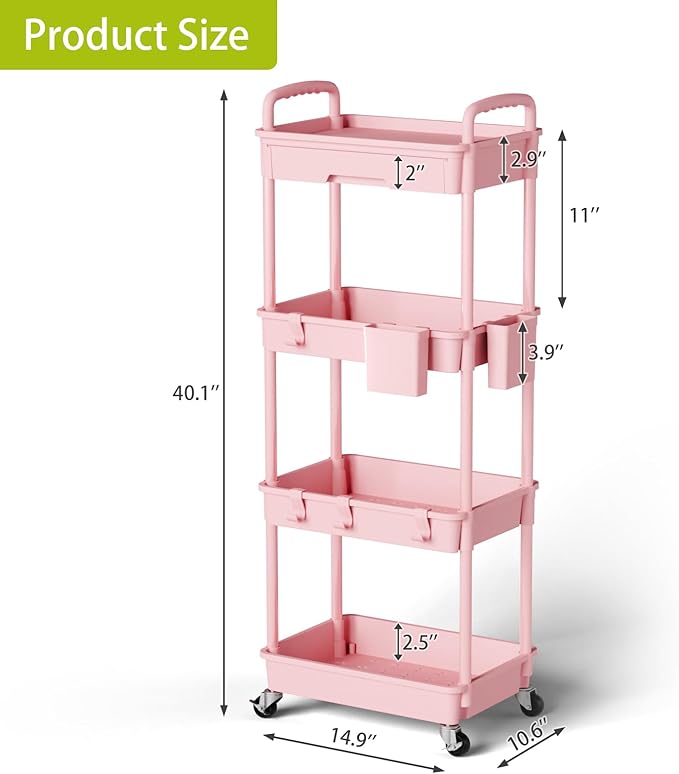 Sorgion 4 Tier Rolling Cart Organizer,Art Craft Diaper Bedside Snack Laundry Room Bathroom Organizer Narrow Thin Slim Rolling Trolley Utility Cart with Wheels for Kitchen,Office(Pink)