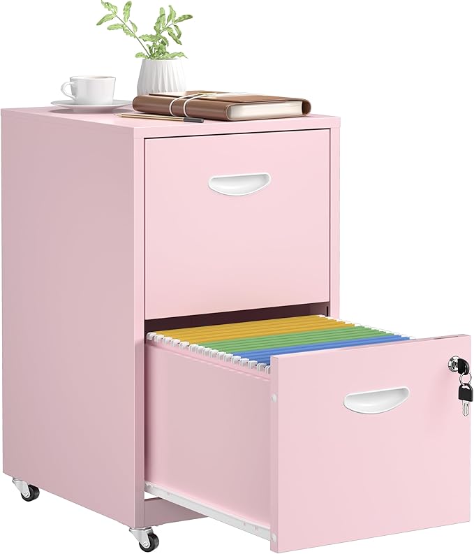 SteeLoong 2 Drawer File Cabinet with Lock，Pink Rolling File Cabinet for Home Office, Metal Small Mobile Filing Cabinets on Wheels for Hanging Letter