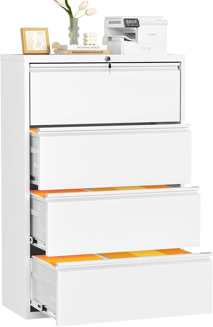 INTERGREAT 4 Drawer File Cabinet, Lateral File Cabinet with Lock, Metal Office Filing Cabinet with Adjustable Frame for Legal, Letter, A4 Files, Fast Assembeld, White