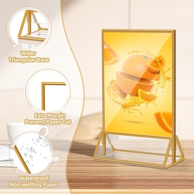 PPH-Sisy 12 Pack Acrylic Sign Holder 5x7, Gold Frame Double Sided Display Stand, Clear Sign Holder Table Plastic Paper Holder, Acrylic Frames for Home Office Shop Photo Frames