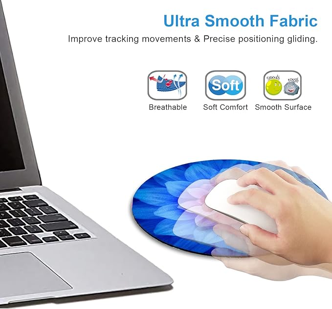 IMAYONDIA Mouse Pad, Blue Watercolor Lotus Flower Round Mouse Pad, Non-Slip Rubber Base Mousepad for Laptop Computer, Personalized Small Mousepad with Designs for Women, 7.9 x 7.9 Inch