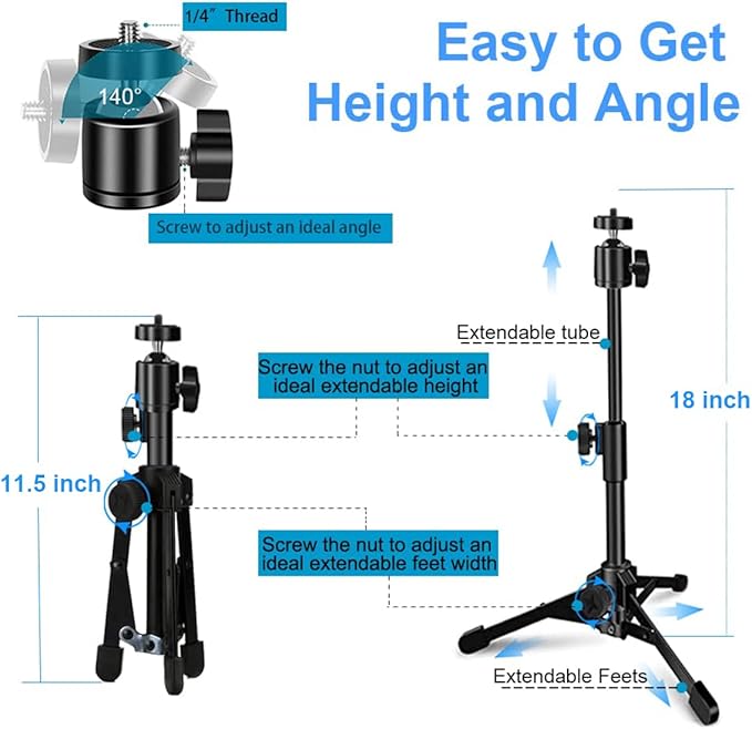 Webcam Tripod Stand Extendable Desktops Tripod for Camera/Phone/Webcam, Desk Tripods Webcam Mount Holder Compatible with Logitech Webcams C925e C922x C922 C930e C930 C920 C615 /iPhone/Ring Light
