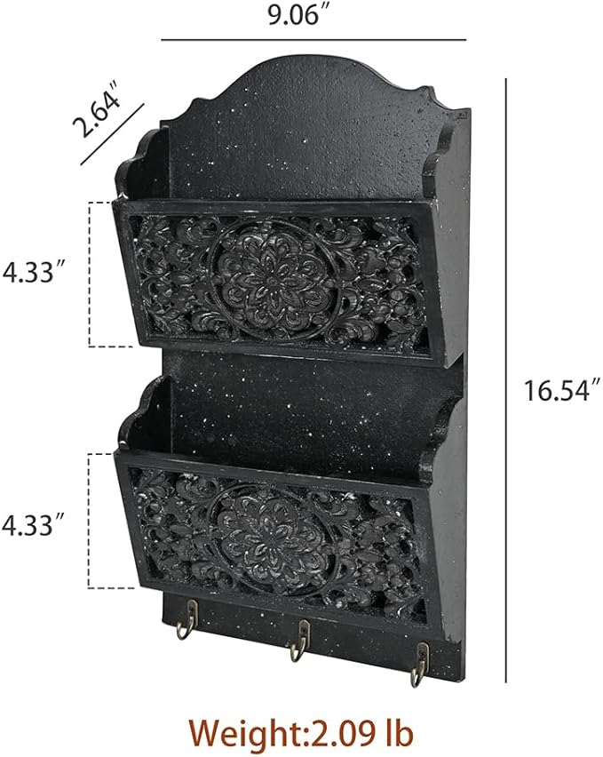 Chadechimo Rustic Key and Mail Holder for Wall Home Decorative,2-Slot Mail Organizer Wall Mount with 3 Hooks, Wooden Key Hangers Wall File Organizer Letter Sorter for Letter Magazines（Black）