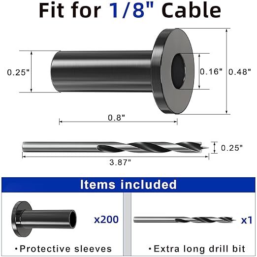 200 Pack Cable Railing Protector Sleeves for 1/8” Deck Railing System, Black Cable Railing Kit Hardware for Wood Post, T316 Stainless Steel Marine Grade DB58