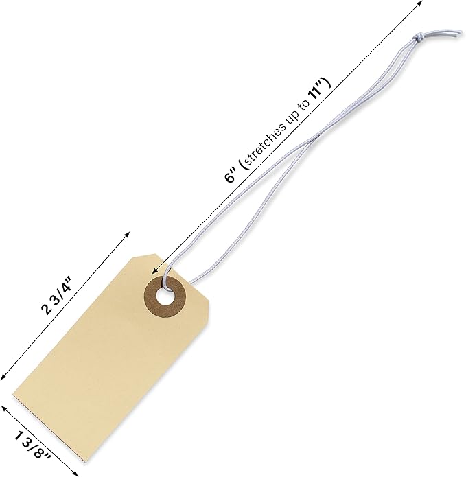 Manila Tags With Elastic String - #1, 2 3/4" x 1 3/8", Box of 250 Paper Labels With Reinforced Hole and Attached Loop, 250 Count